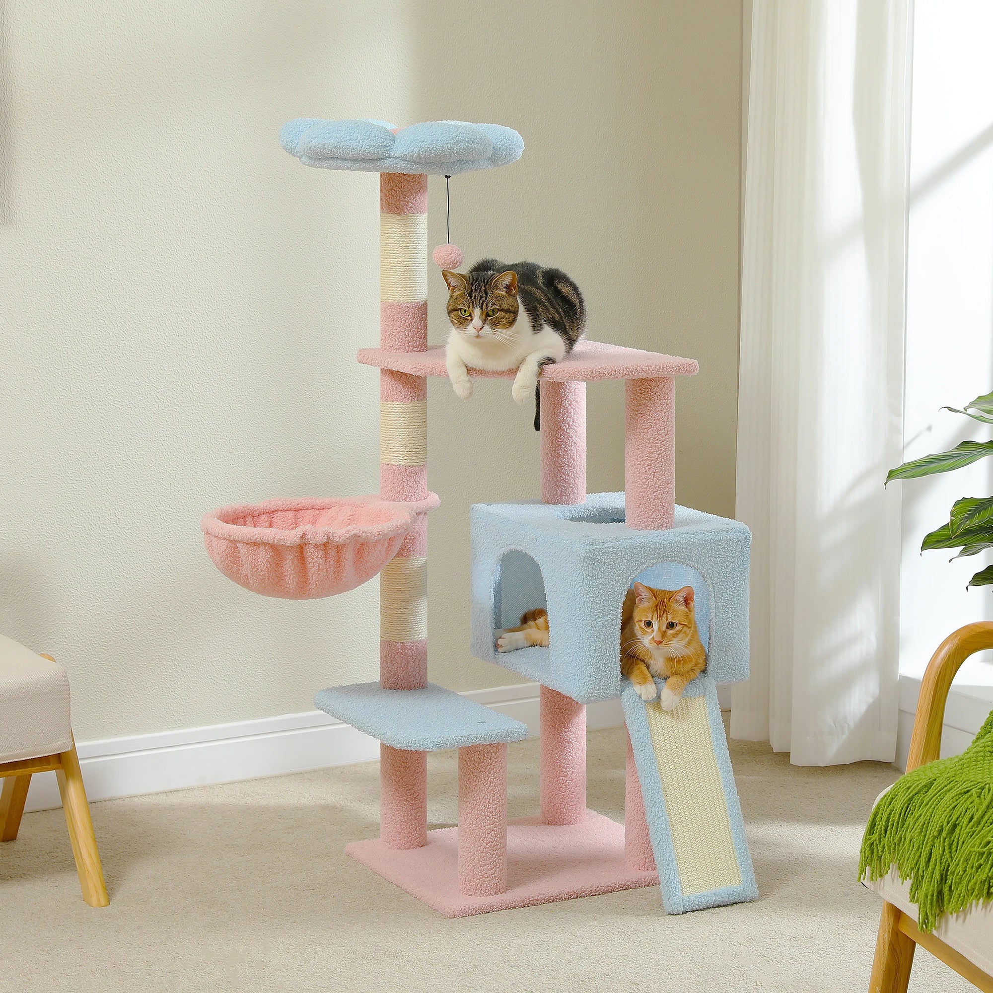 Multi-Tier Cat Tower with Floral Motif | Comfortable Cat Lounge for Play & Rest