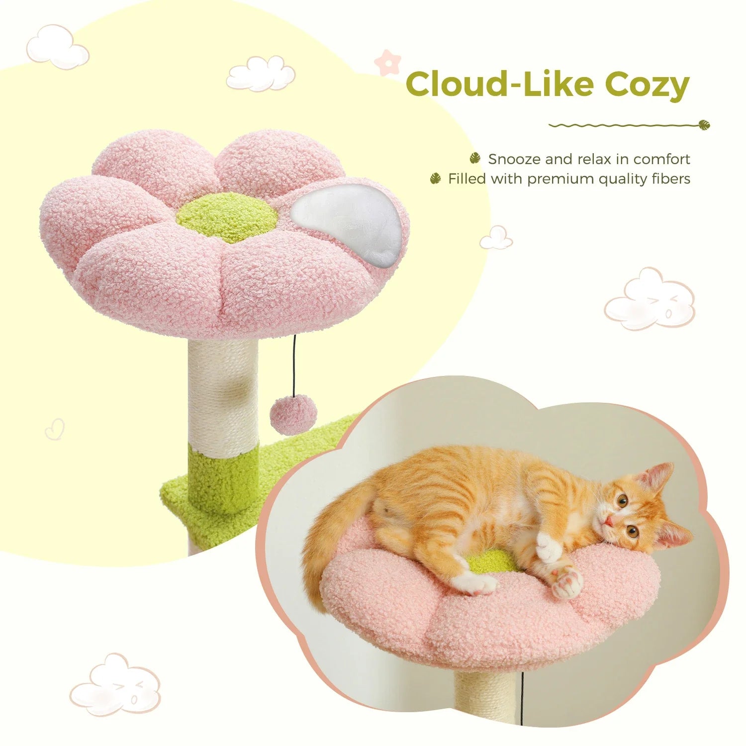 Multi-Tier Cat Tower with Floral Motif | Comfortable Cat Lounge for Play & Rest