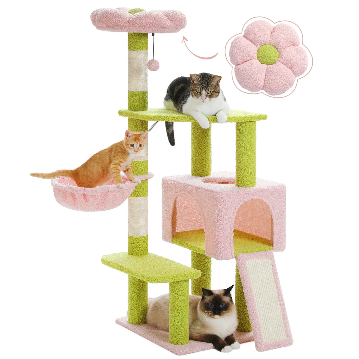 Multi-Tier Cat Tower with Floral Motif | Comfortable Cat Lounge for Play & Rest