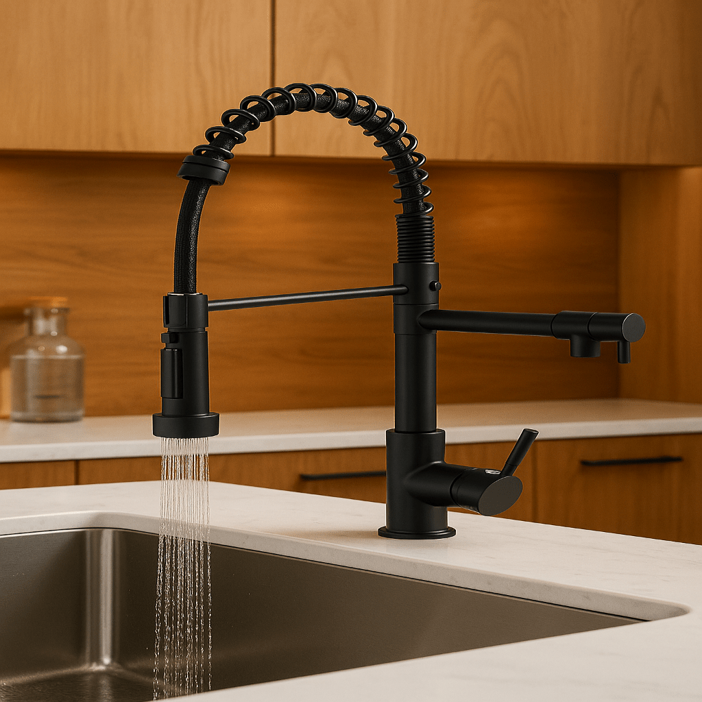 Elegant Duo Spout Kitchen Faucet with Luxe Black and Gold Design