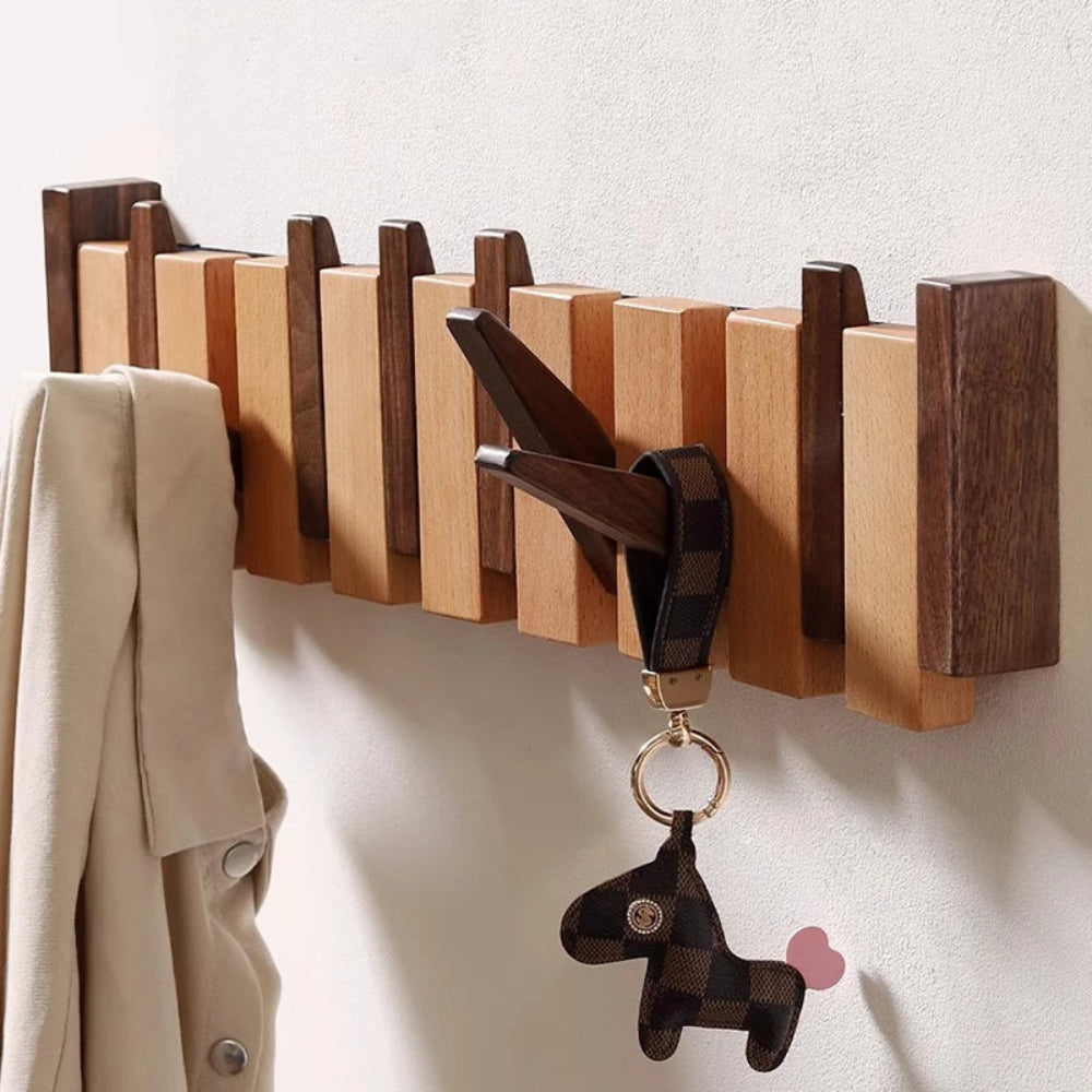 Smart Wooden Wall Organizer with Foldable Hooks for Entryways