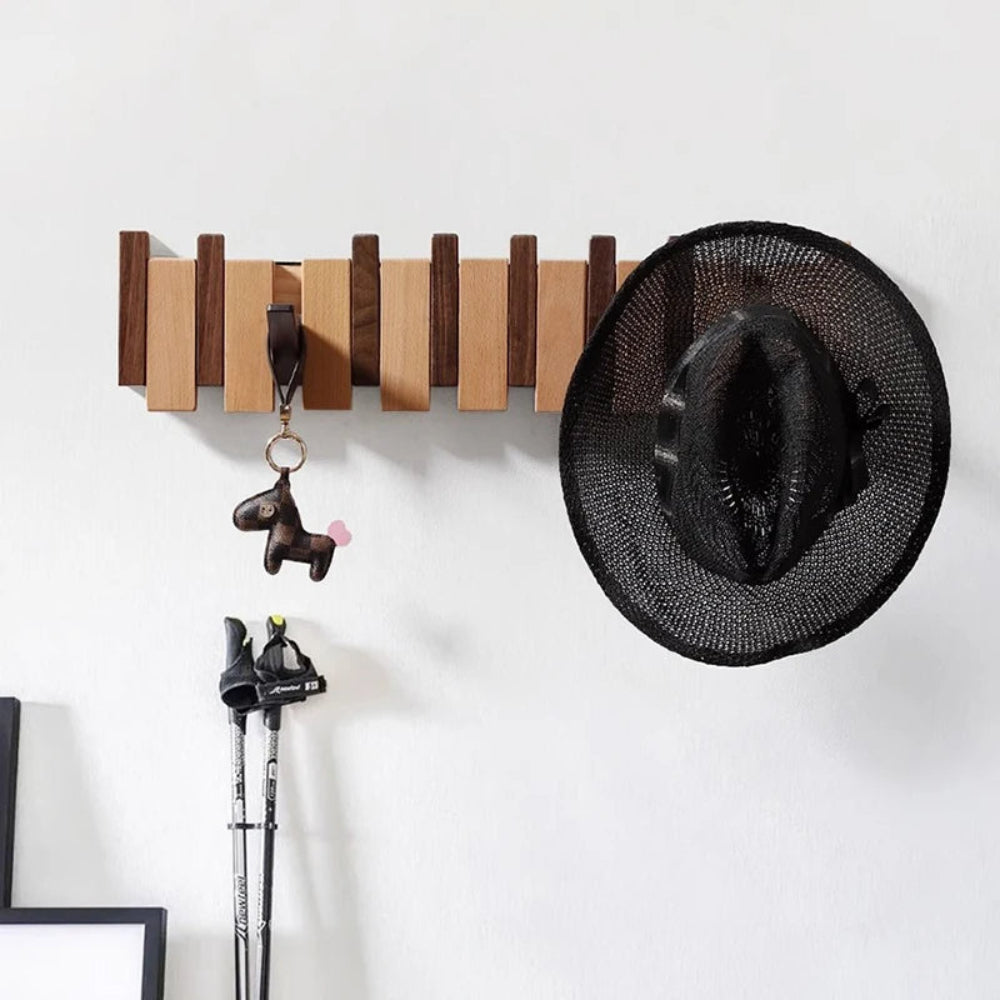 Smart Wooden Wall Organizer with Foldable Hooks for Entryways