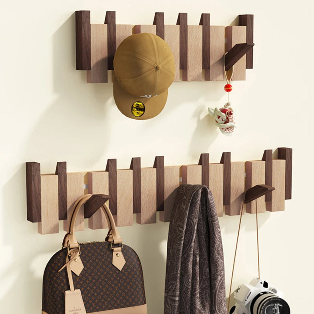Smart Wooden Wall Organizer with Foldable Hooks for Entryways