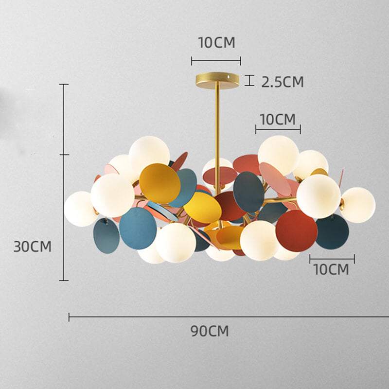 Colorful Branch Pendant Lamp with frosted glass globes and iron frame, adjustable cord for modern loft lighting.