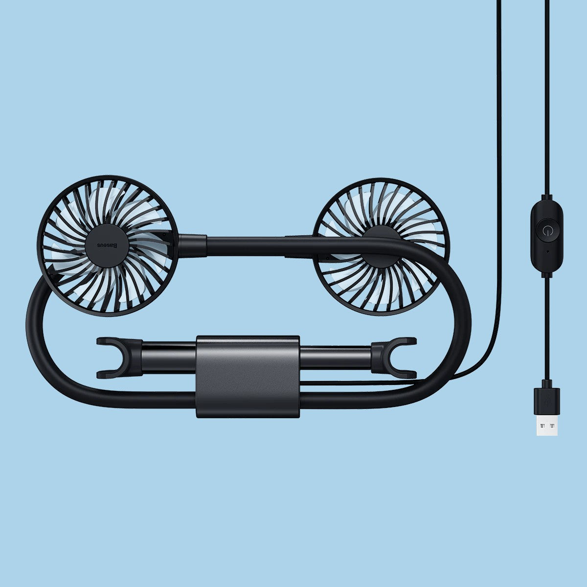 Dual-Head Portable Car Fan with 360° Rotation – USB Air Circulator
