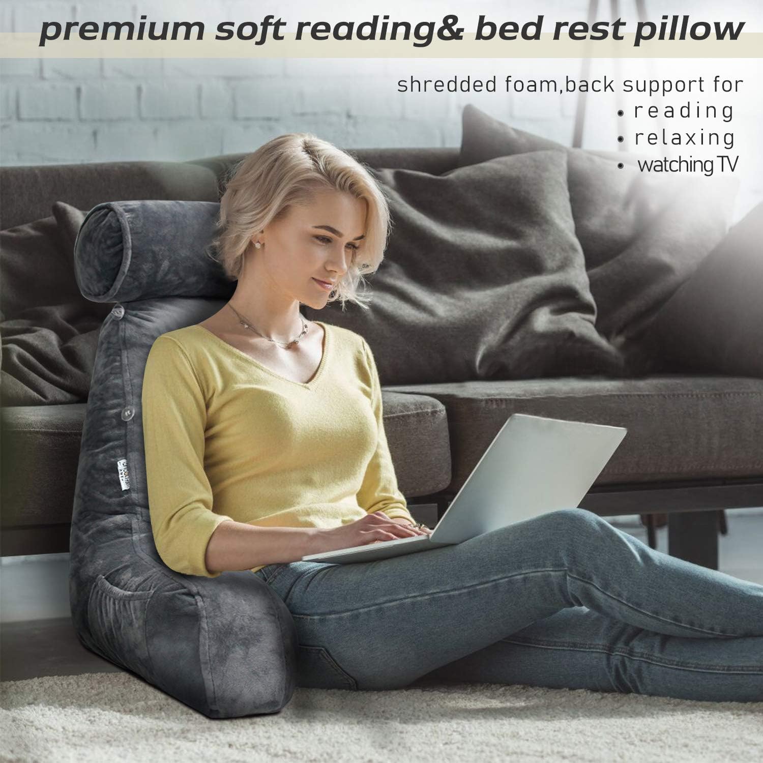 Adjustable Headrest Reading Cushion | Neck & Back Support | Side Pocket | Washable