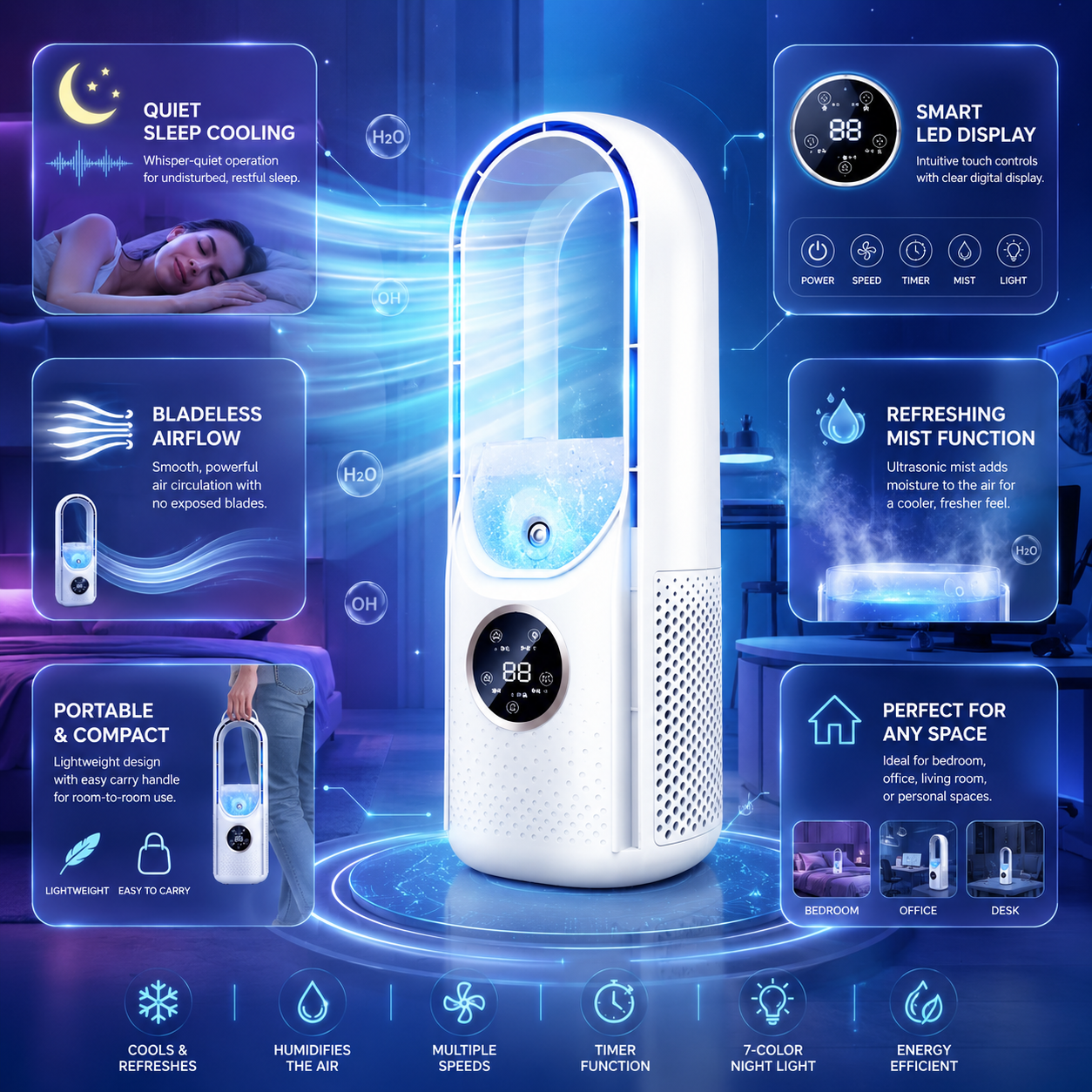 Portable Bladeless Air Conditioner – Quiet Compact Unit for Rooms and Offices
