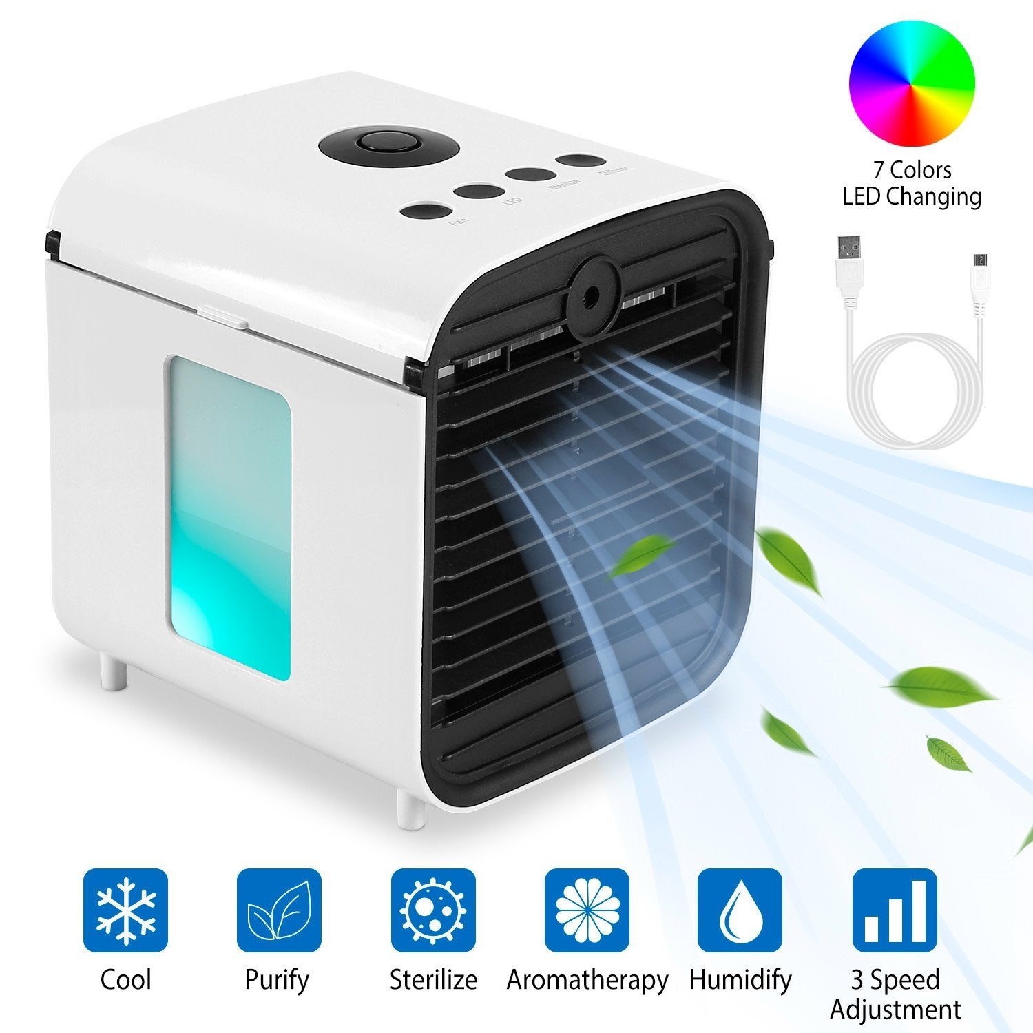 Compact Mini Air Conditioner Fan with 7 Color LED Lights – Humidified Comfort