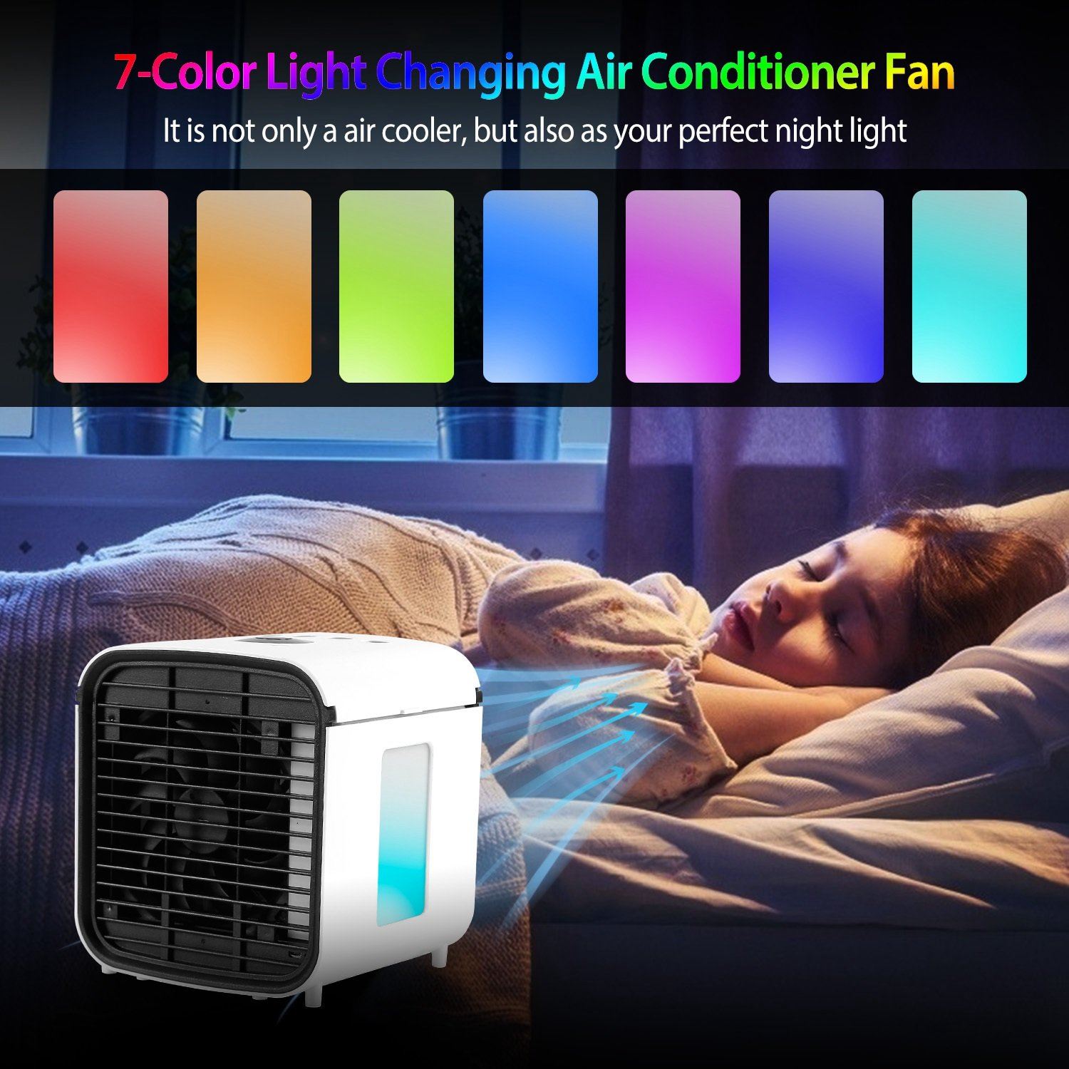 Compact Mini Air Conditioner Fan with 7 Color LED Lights – Humidified Comfort