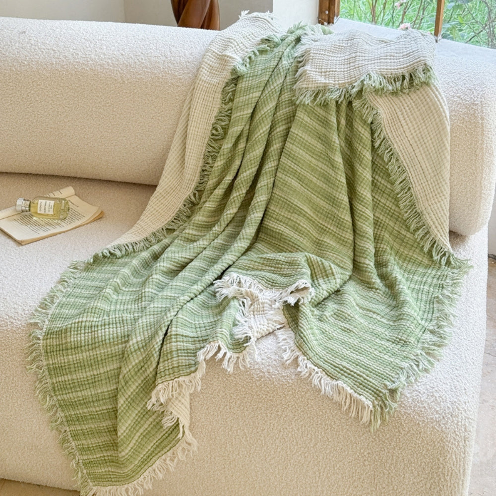 Lightweight Muslin Cotton Gauze Blanket with Fringed Edges for All Seasons