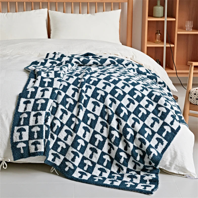 Soft Microfiber Knitted Throw Blanket in Two-Color Checkerboard Plaid