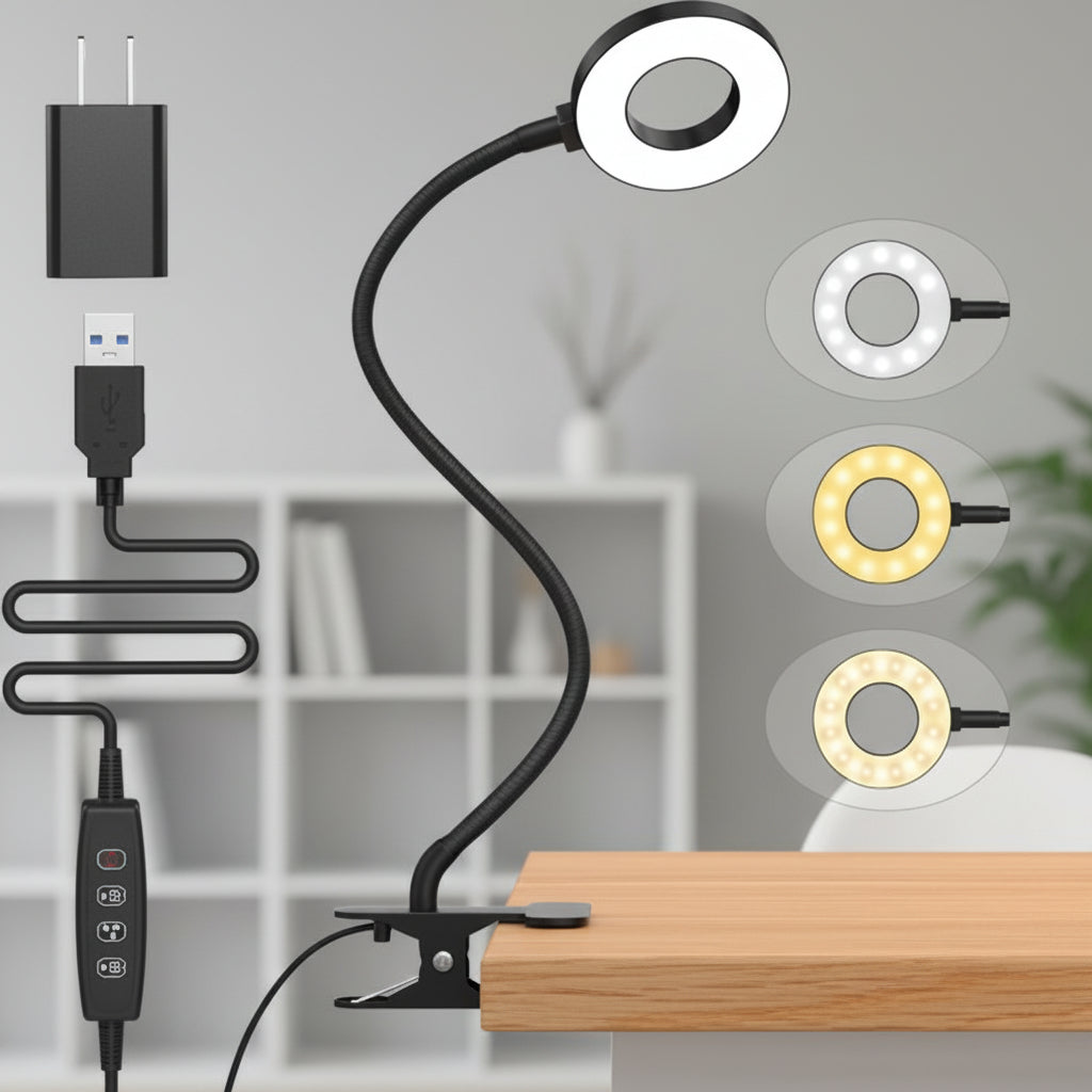 Adjustable Clip-On LED Desk Lamp with Three Lighting Options