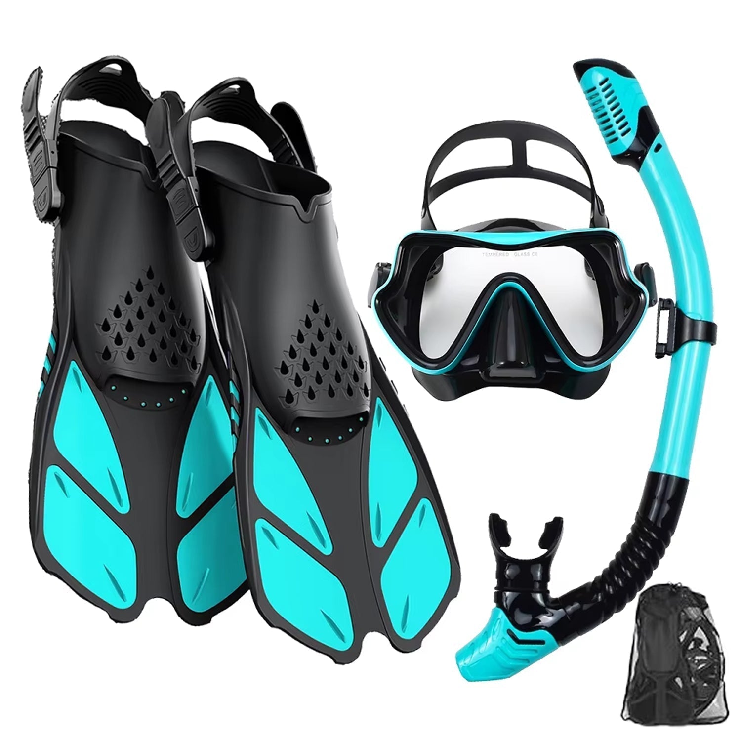 Panoramic Snorkeling Gear with Tempered Glass Mask, Adjustable Fins, Anti-Fog