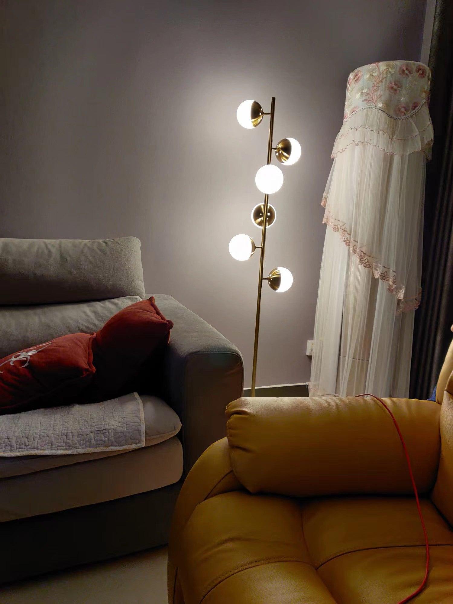 LuxeSphere LED Floor Lamp with Glass Accents on Gold Stand