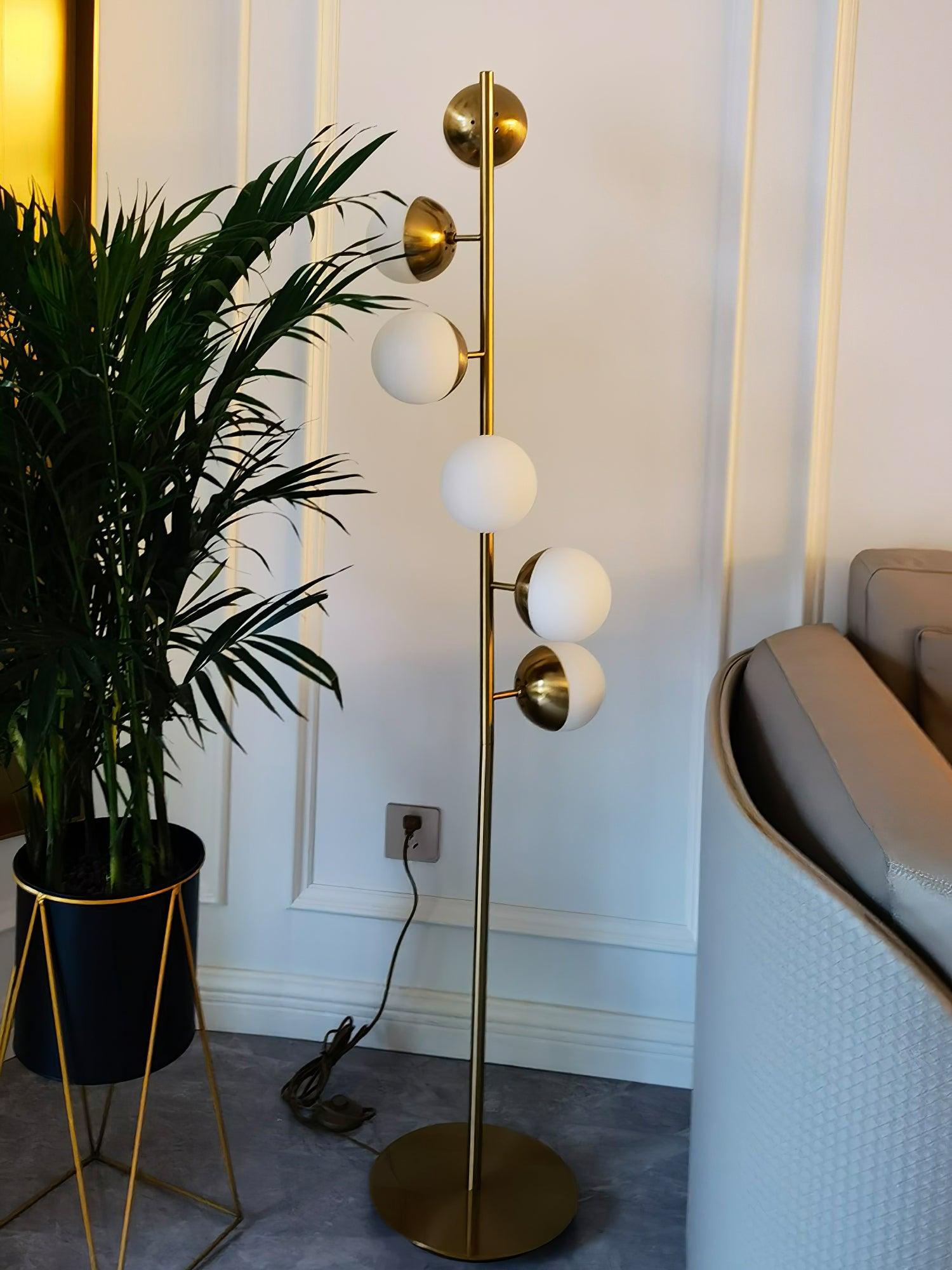 LuxeSphere LED Floor Lamp with Glass Accents on Gold Stand