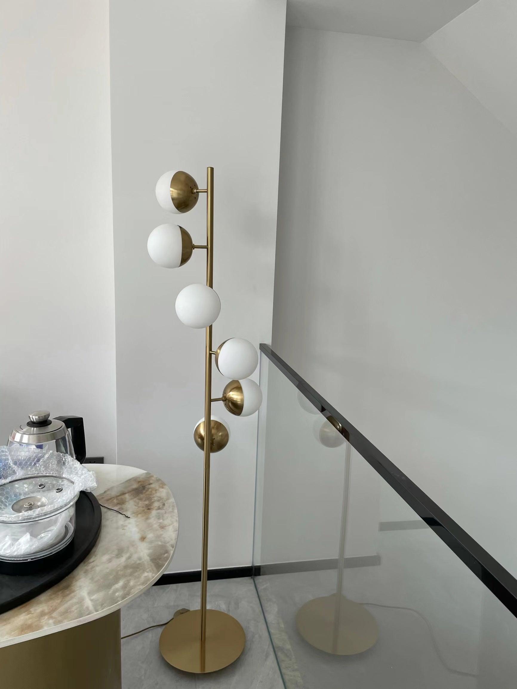 LuxeSphere LED Floor Lamp with Glass Accents on Gold Stand