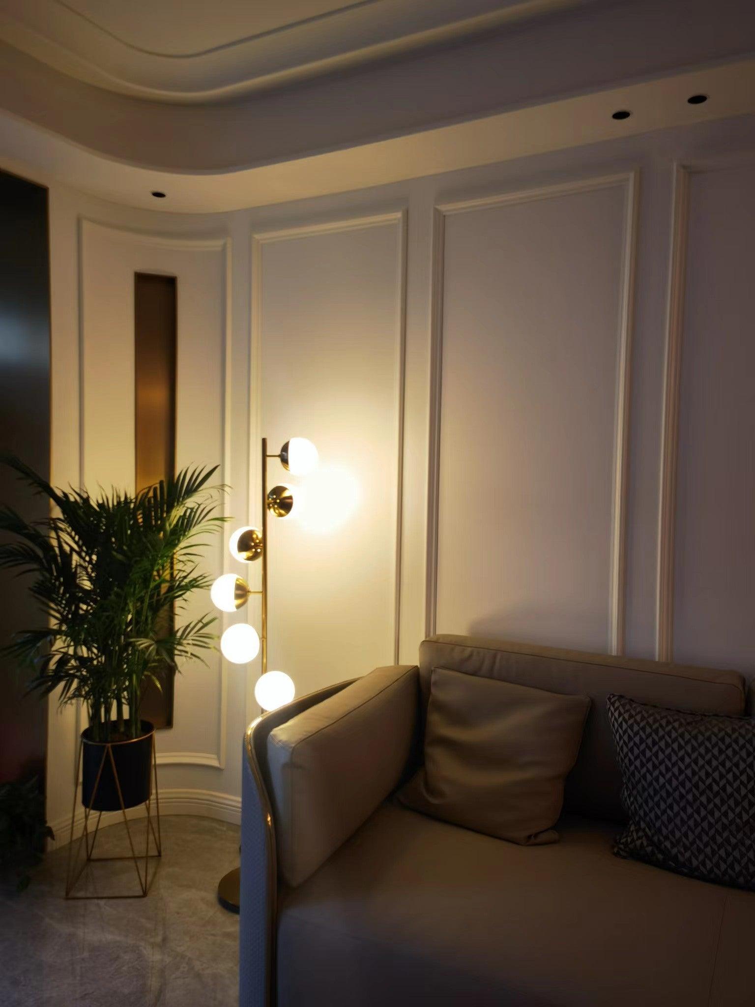 LuxeSphere LED Floor Lamp with Glass Accents on Gold Stand