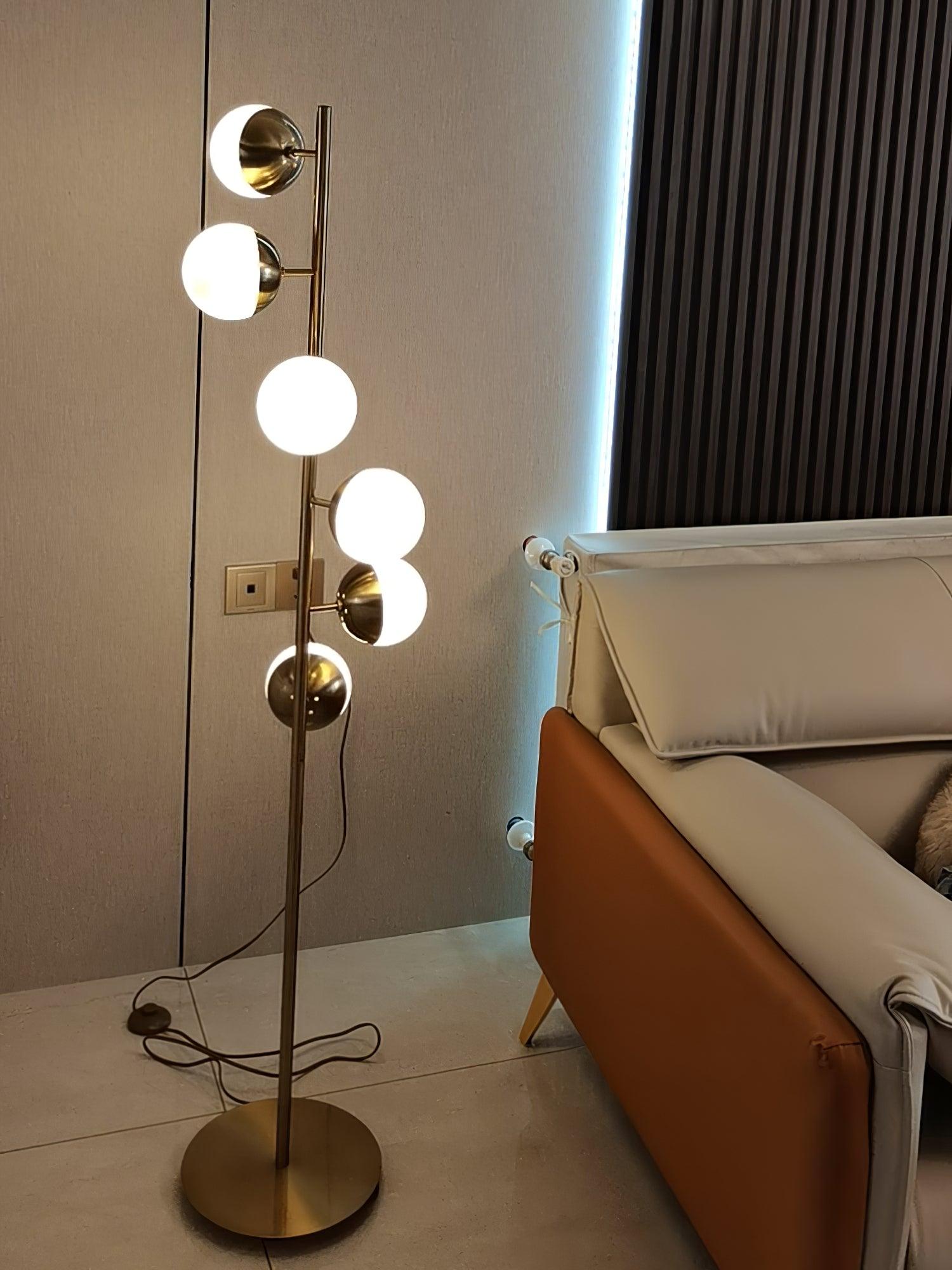 LuxeSphere LED Floor Lamp with Glass Accents on Gold Stand