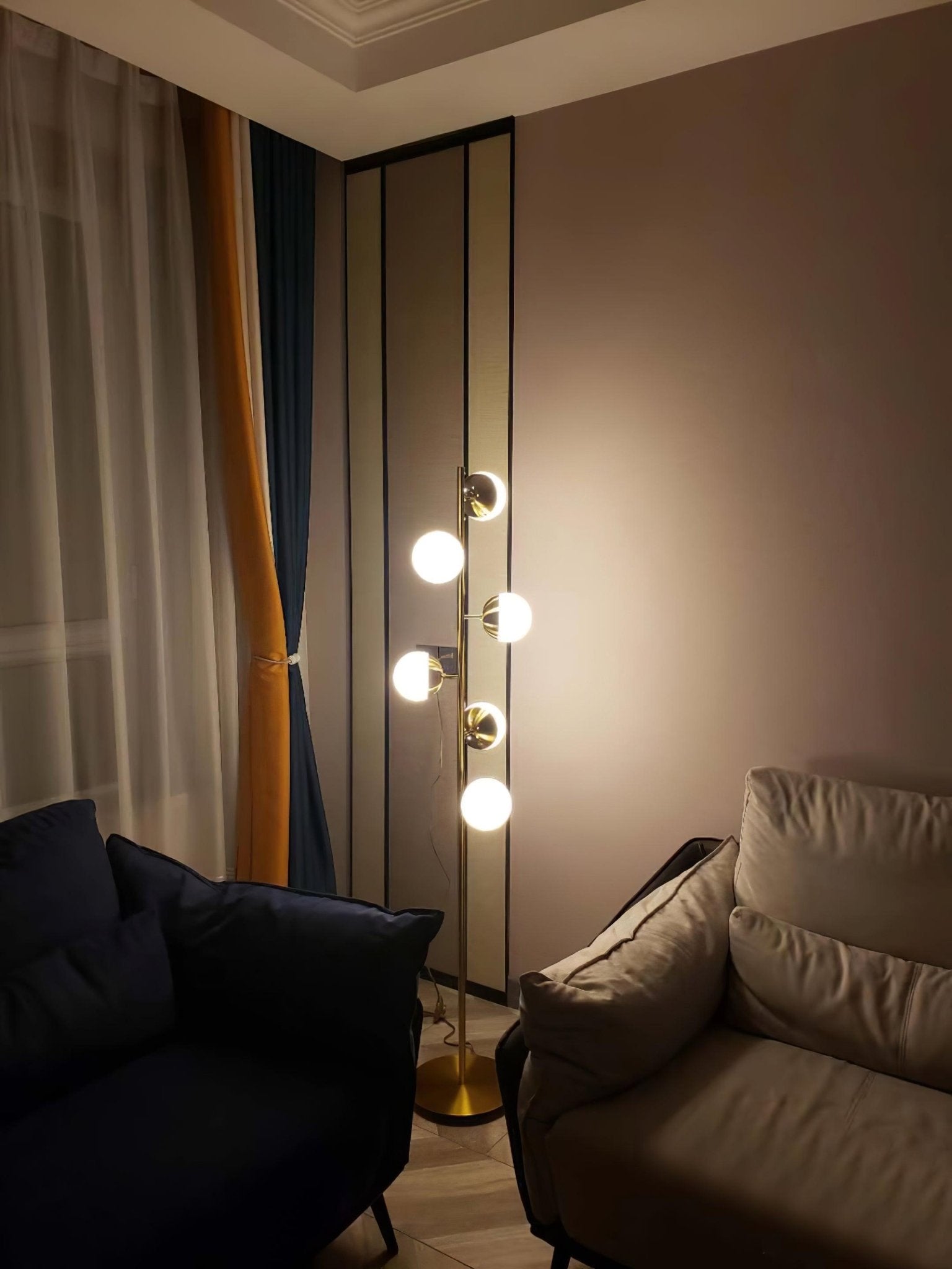 LuxeSphere LED Floor Lamp with Glass Accents on Gold Stand