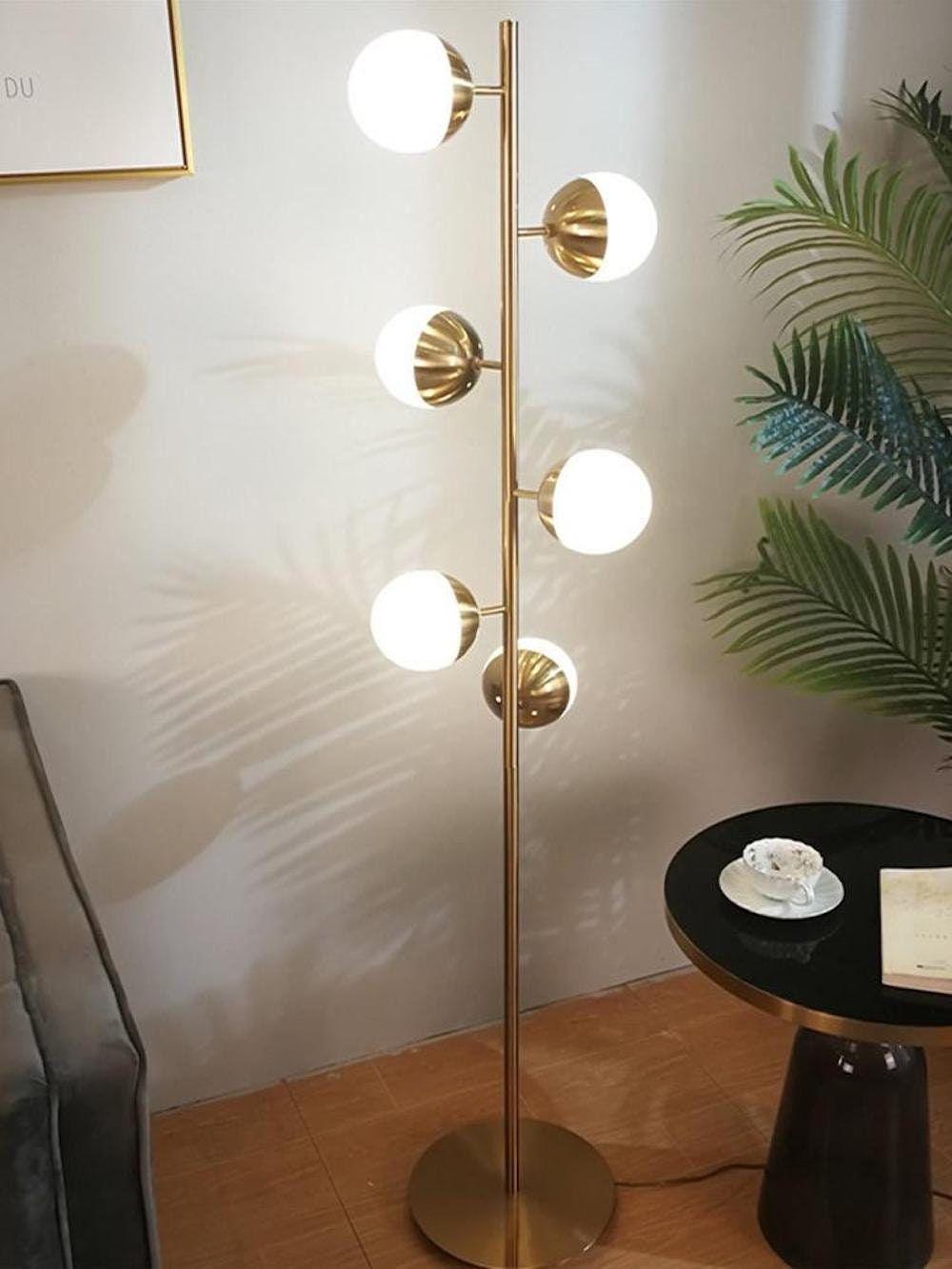 LuxeSphere LED Floor Lamp with Glass Accents on Gold Stand