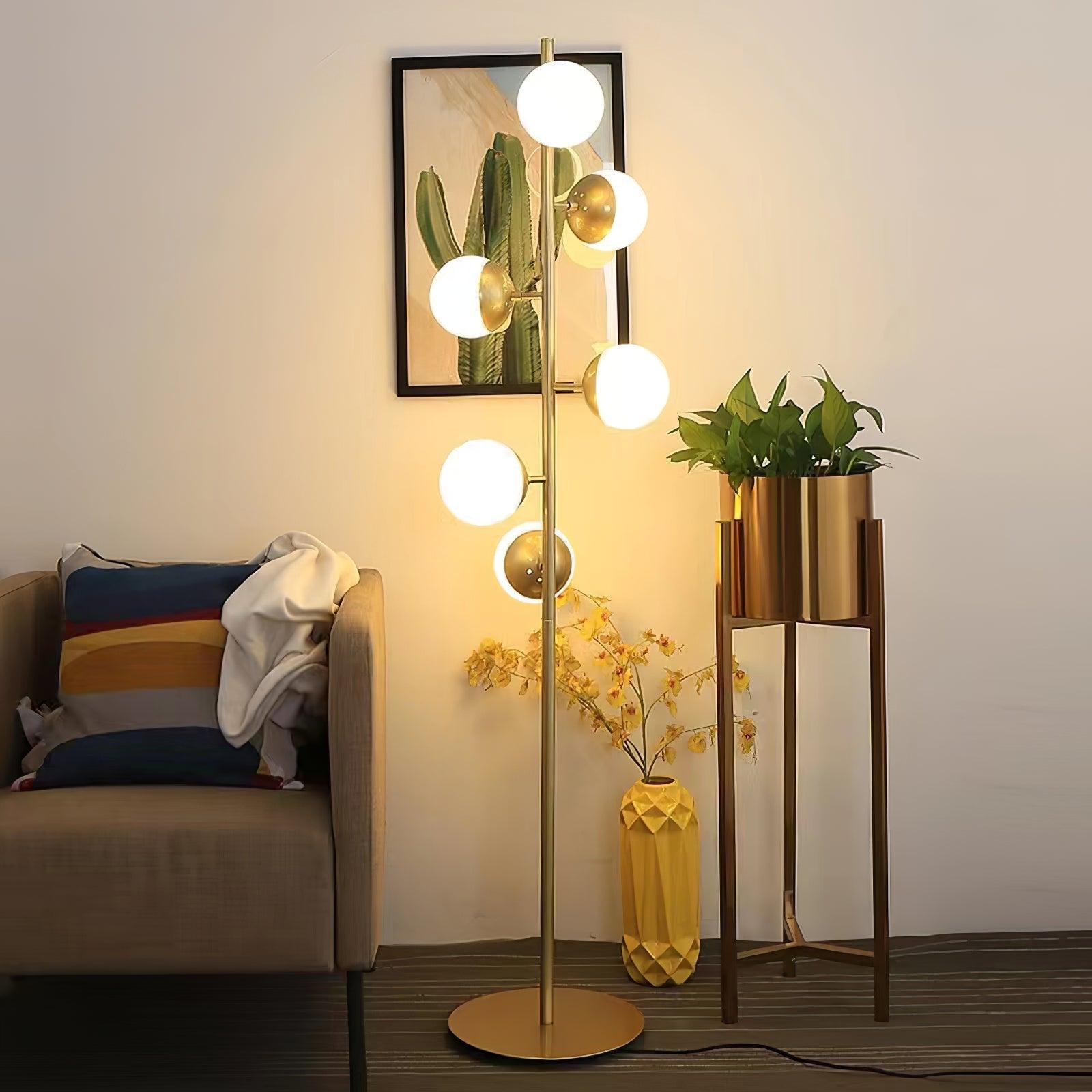 LuxeSphere LED Floor Lamp with Glass Accents on Gold Stand