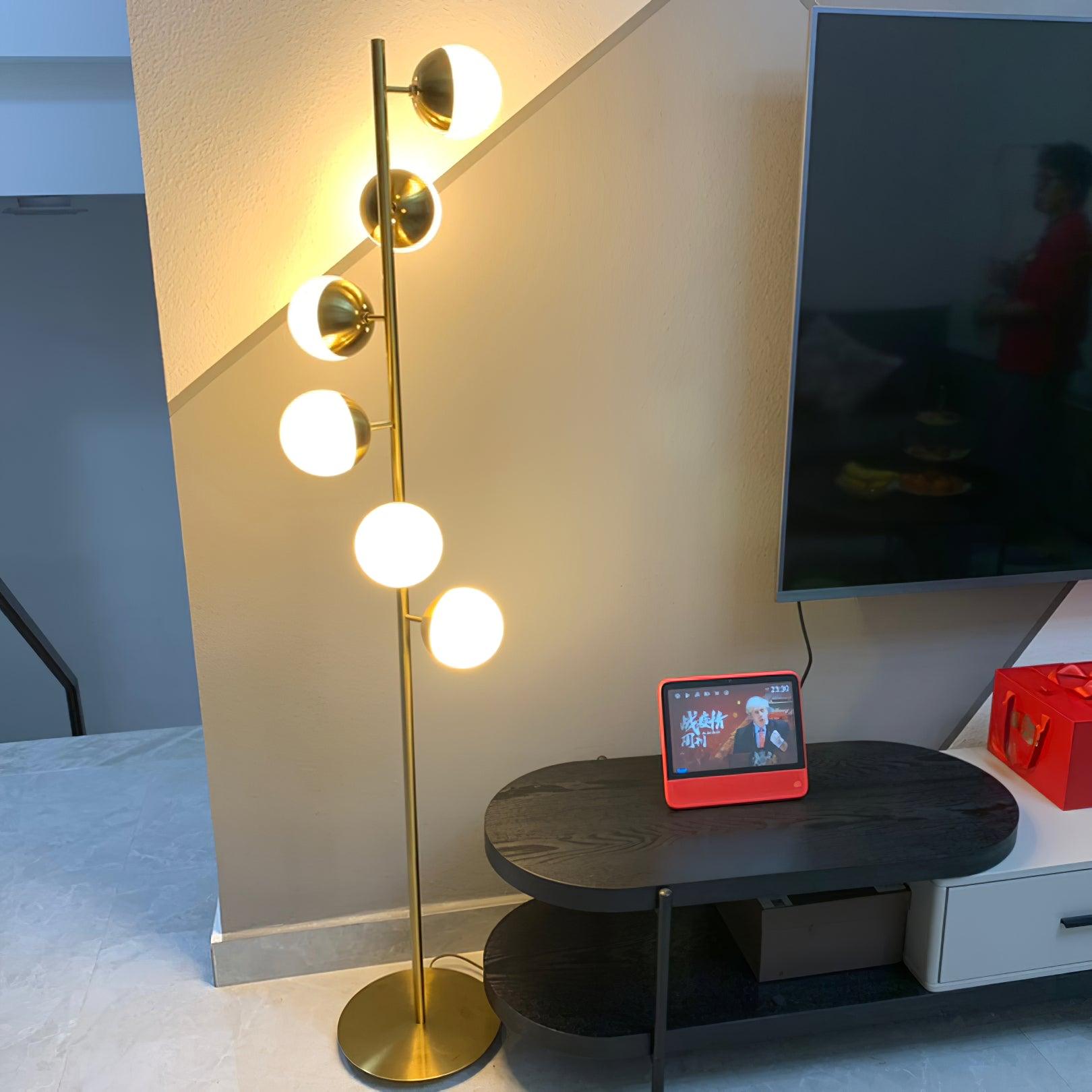 LuxeSphere LED Floor Lamp with Glass Accents on Gold Stand