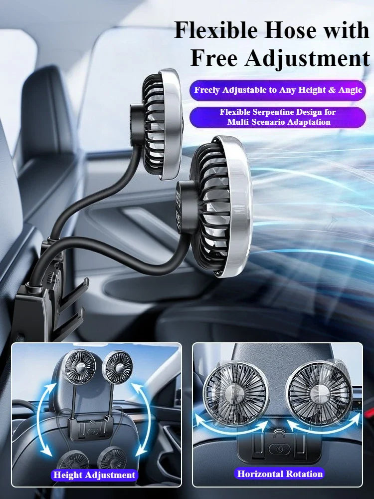 360° Rotating Dual Car Fan | USB-C Powered | Adjustable Airflow for Rear Seats