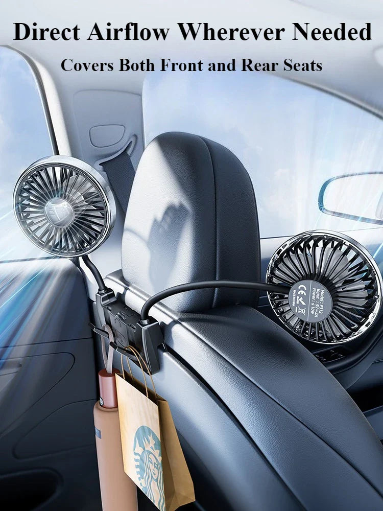 360° Rotating Dual Car Fan | USB-C Powered | Adjustable Airflow for Rear Seats