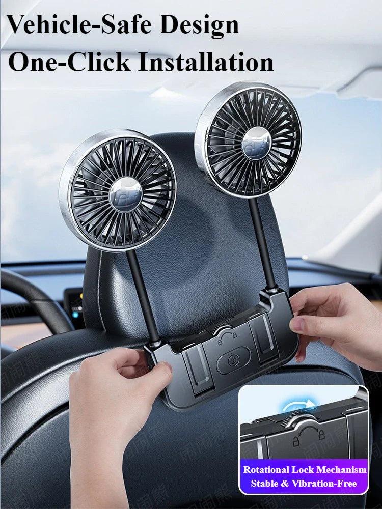 360° Rotating Dual Car Fan | USB-C Powered | Adjustable Airflow for Rear Seats