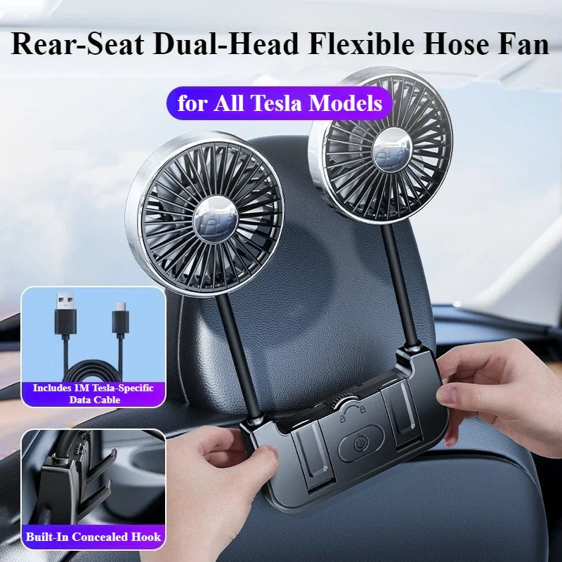 360° Rotating Dual Car Fan | USB-C Powered | Adjustable Airflow for Rear Seats