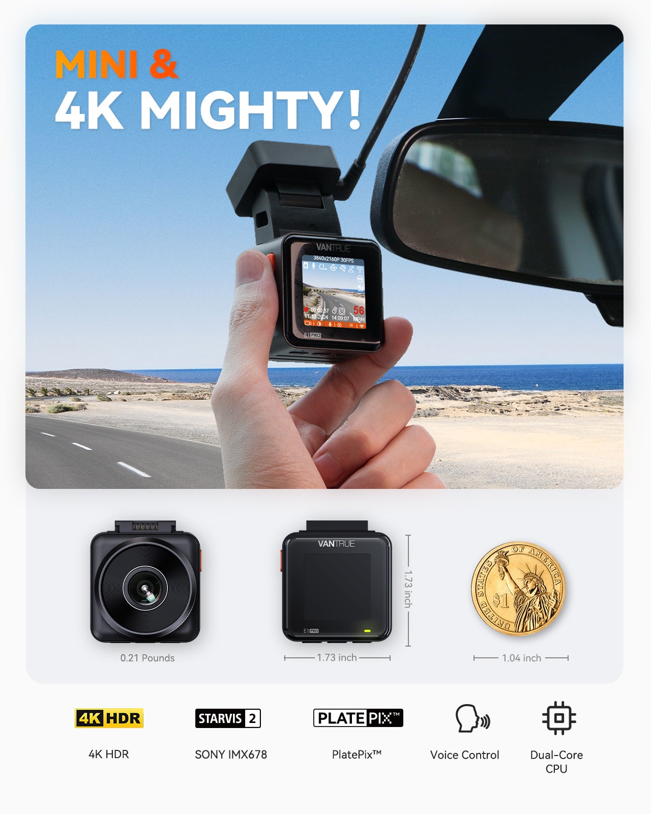 Compact 4K Car Camera with GPS, 5GHz WiFi, Night Vision, 24/7 Parking