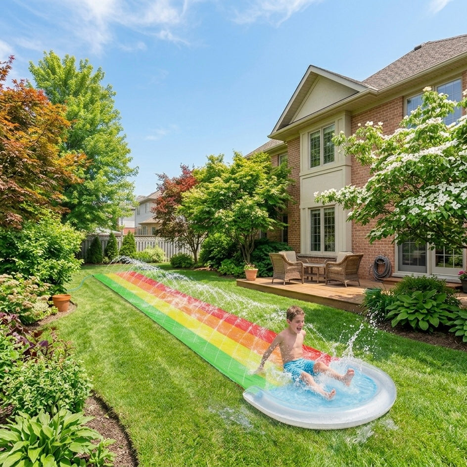 Colorful Water Slide with Splash Pool and Spray | Outdoor Fun for Ages 8+