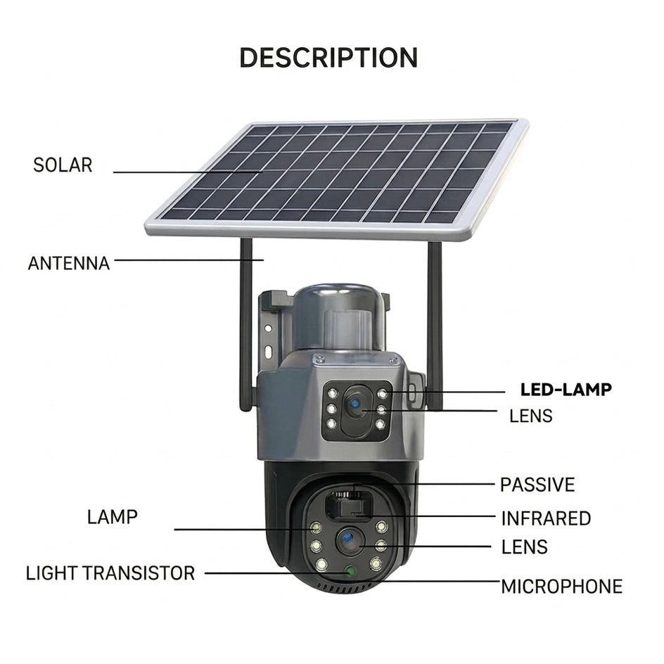 360° View Solar Security Camera with Dual Lens and 10x Zoom, IP66, 12000mAh, Two-Way Audio