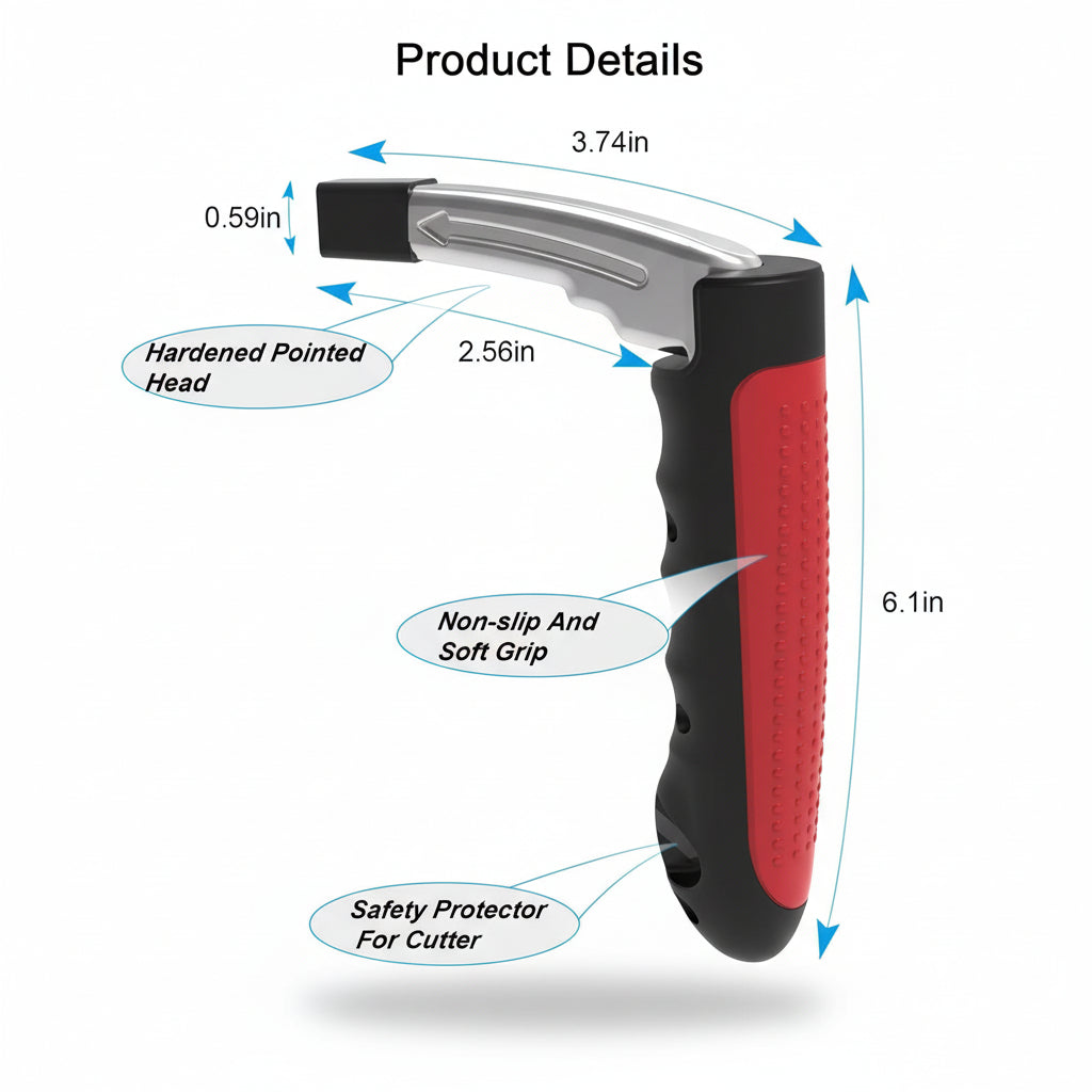 Automotive Safety Exit Tool with Glass Breaker and Grip Handle