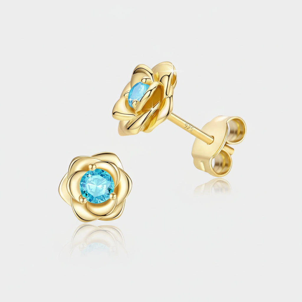 Elegant Floral Birthstone Gold Stud Earrings for Her