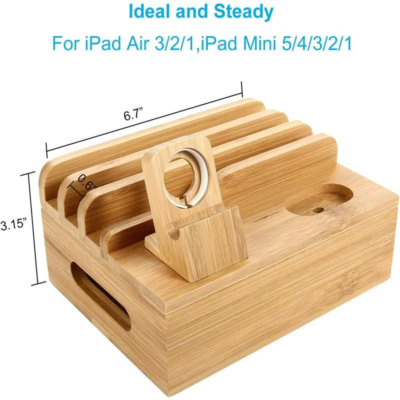 Bamboo Charging Station – 5-Port USB Hub with Cable Organizer