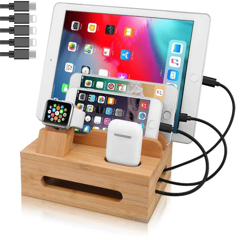Bamboo Charging Station – 5-Port USB Hub with Cable Organizer