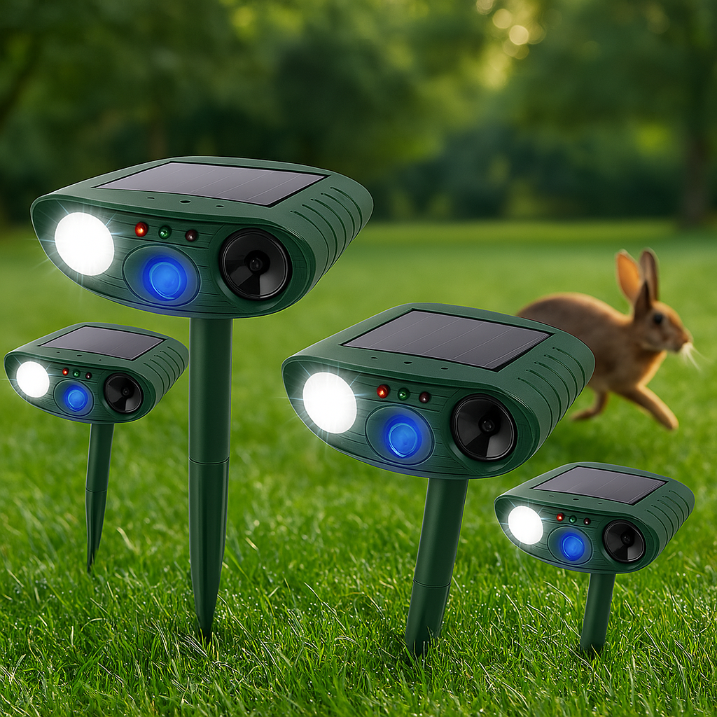 Solar-Powered Ultrasonic Rabbit Deterrent with Flashing Lights for Gardens