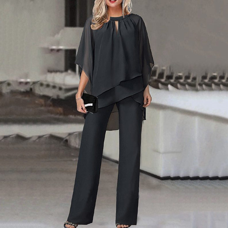 Women’s Two-Piece Set | Layered Top & Wide-Leg Pants | Polyester Cotton Blend | Comfortable Fit