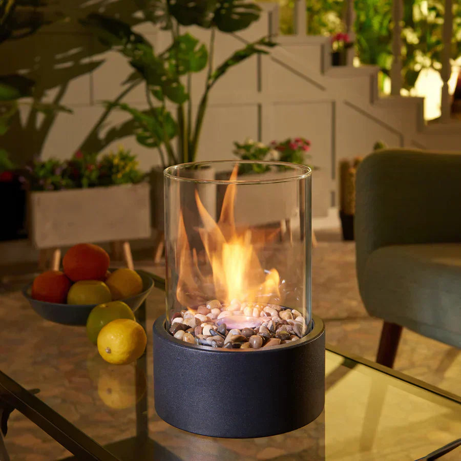 Portable Tabletop Fireplace with Cobblestone Base for Indoor and Outdoor Use
