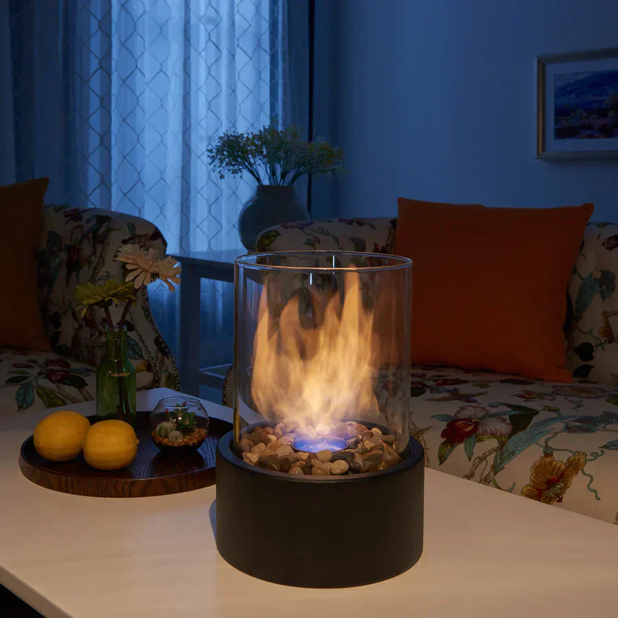 Portable Tabletop Fireplace with Cobblestone Base for Indoor and Outdoor Use