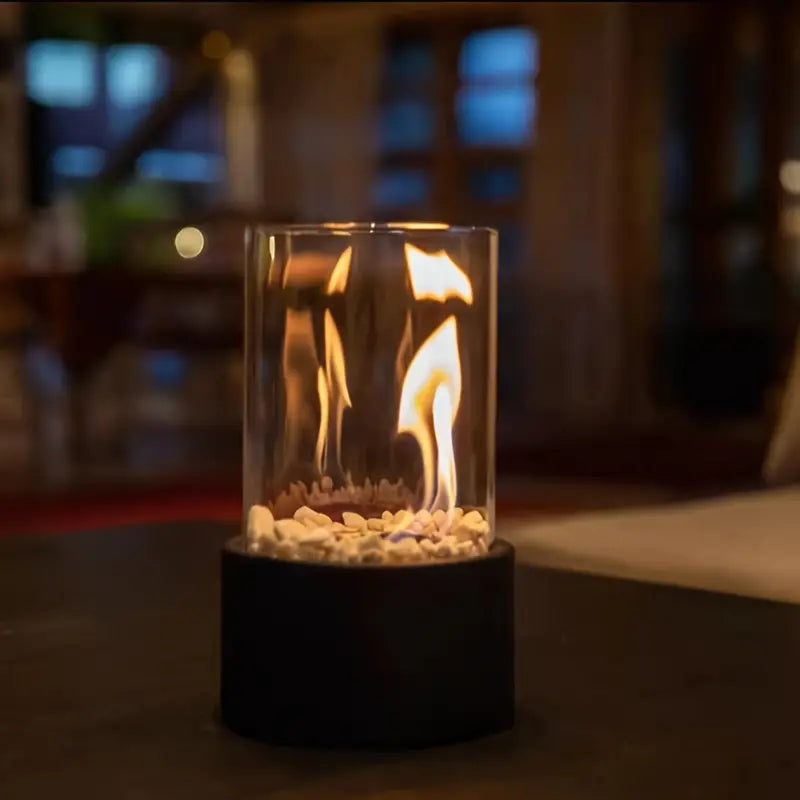 Portable Tabletop Fireplace with Cobblestone Base for Indoor and Outdoor Use