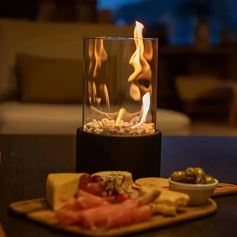Portable Tabletop Fireplace with Cobblestone Base for Indoor and Outdoor Use