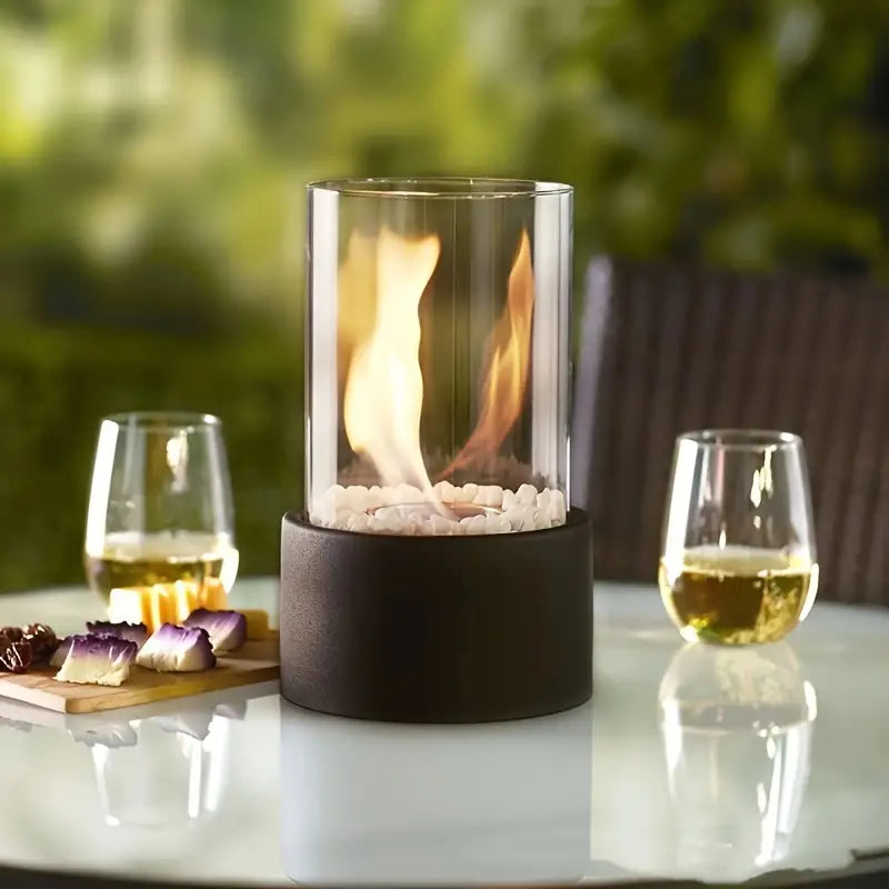Portable Tabletop Fireplace with Cobblestone Base for Indoor and Outdoor Use