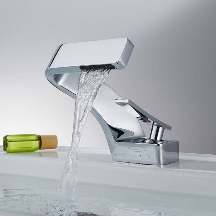 Curved Kitchen Faucet with Waterfall Spout and Dual Handles – Modern Style
