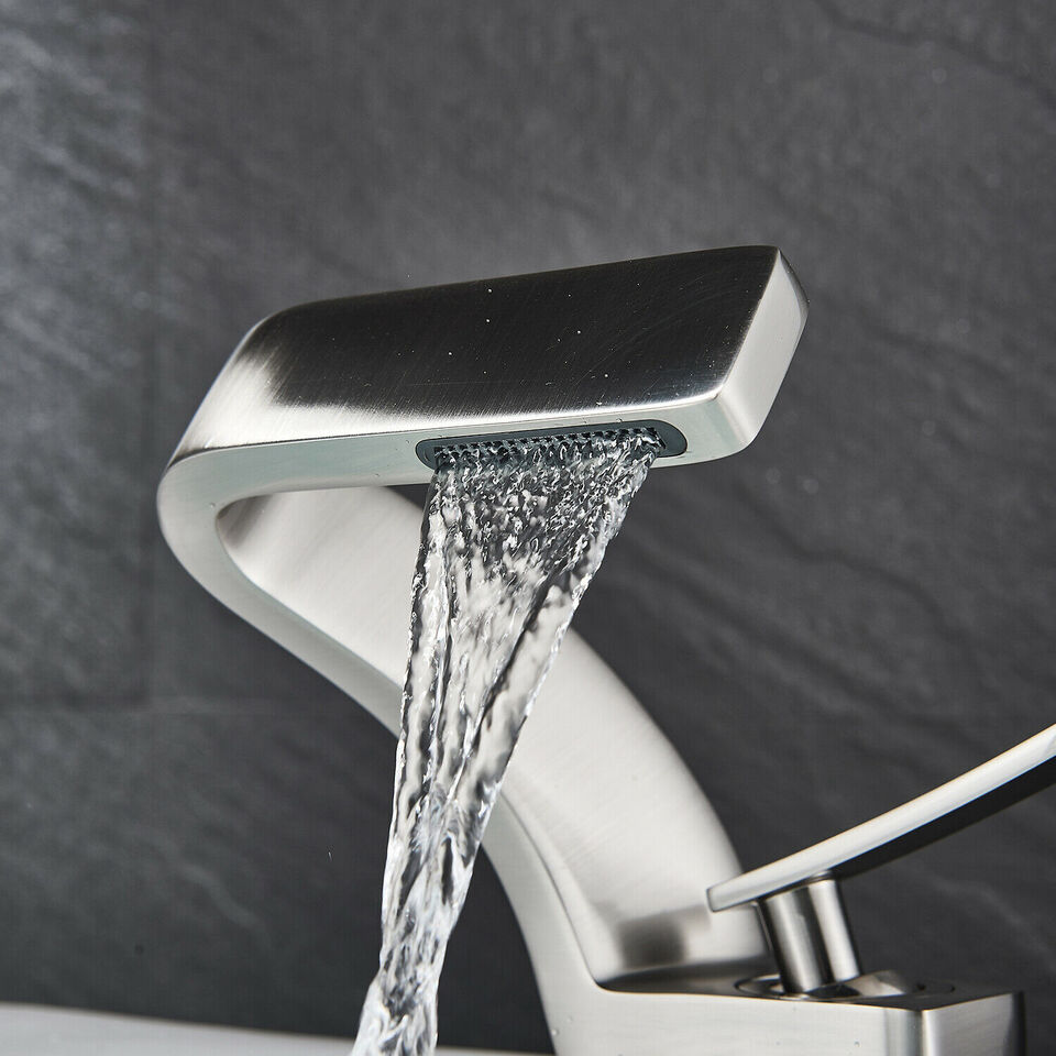 Curved Kitchen Faucet with Waterfall Spout and Dual Handles – Modern Style