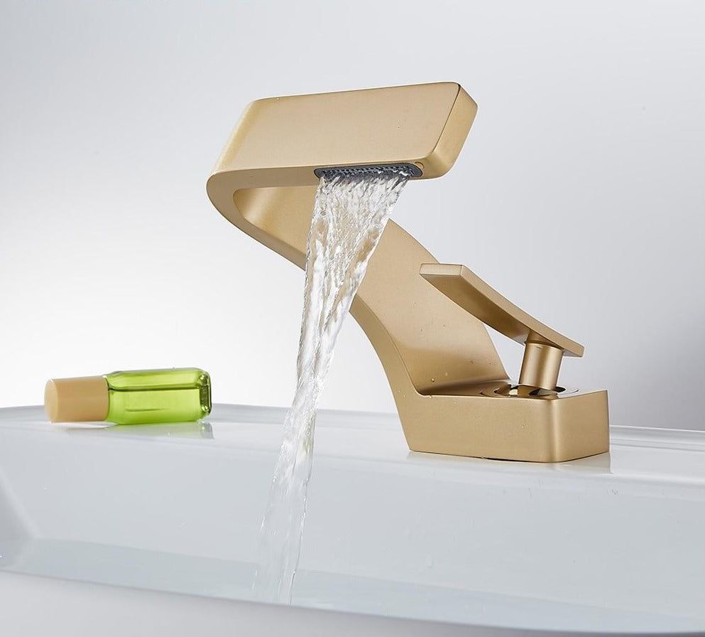 Curved Kitchen Faucet with Waterfall Spout and Dual Handles – Modern Style