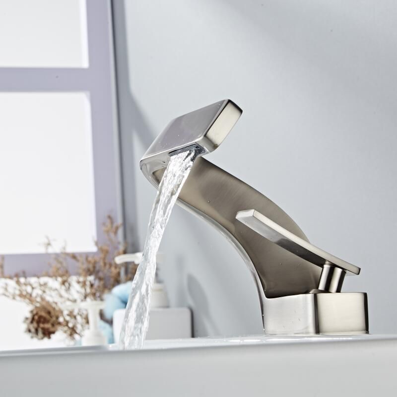 Curved Kitchen Faucet with Waterfall Spout and Dual Handles – Modern Style
