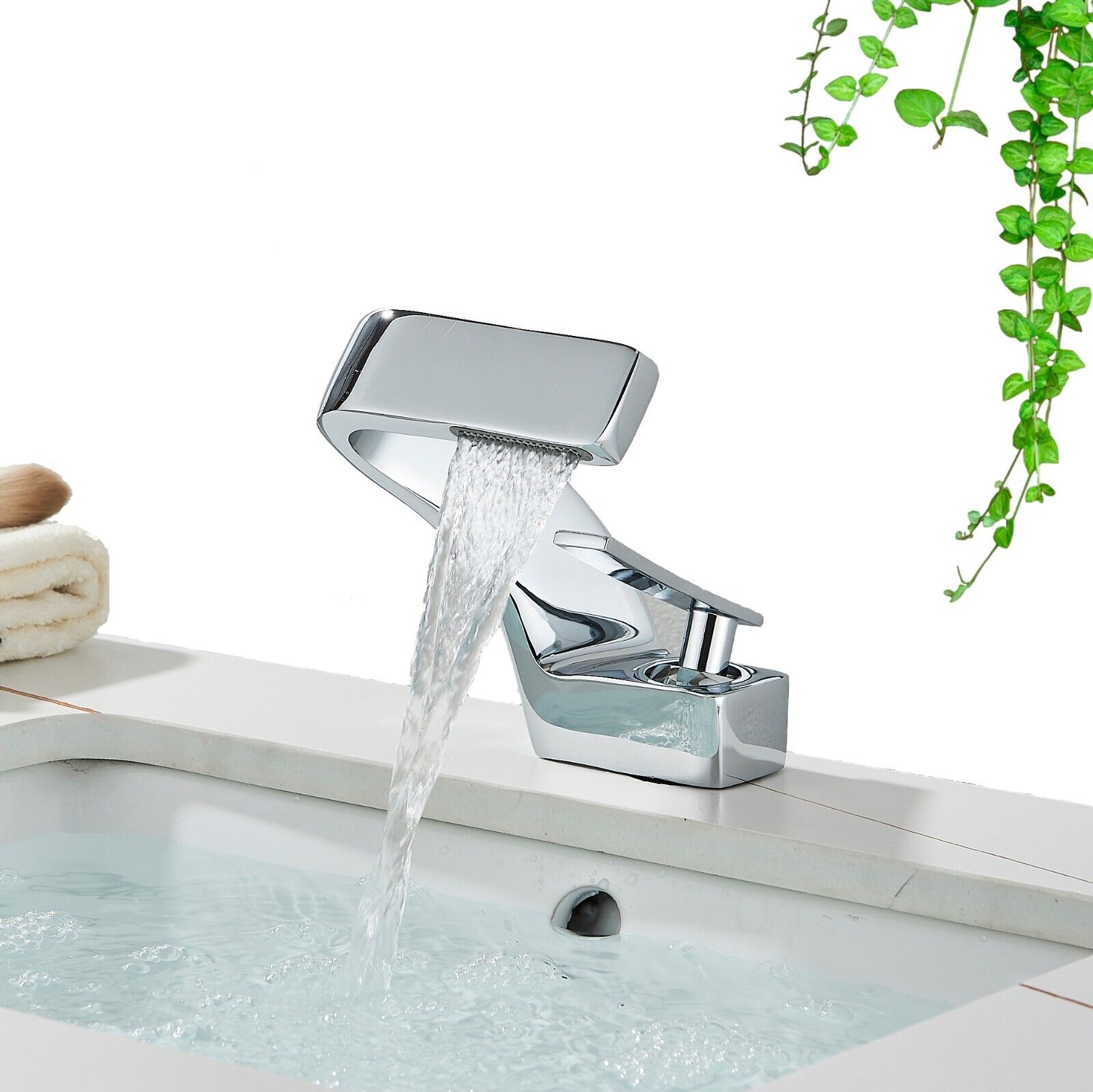 Curved Kitchen Faucet with Waterfall Spout and Dual Handles – Modern Style