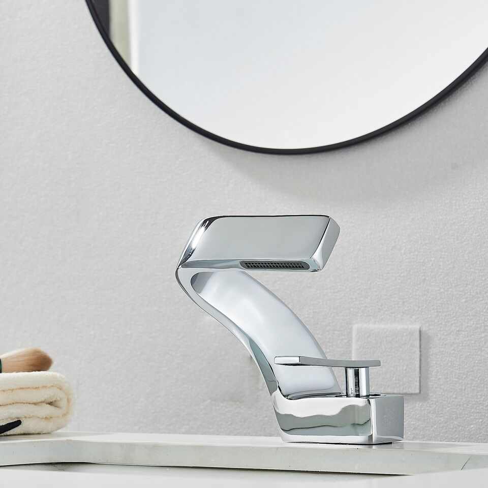 Curved Kitchen Faucet with Waterfall Spout and Dual Handles – Modern Style